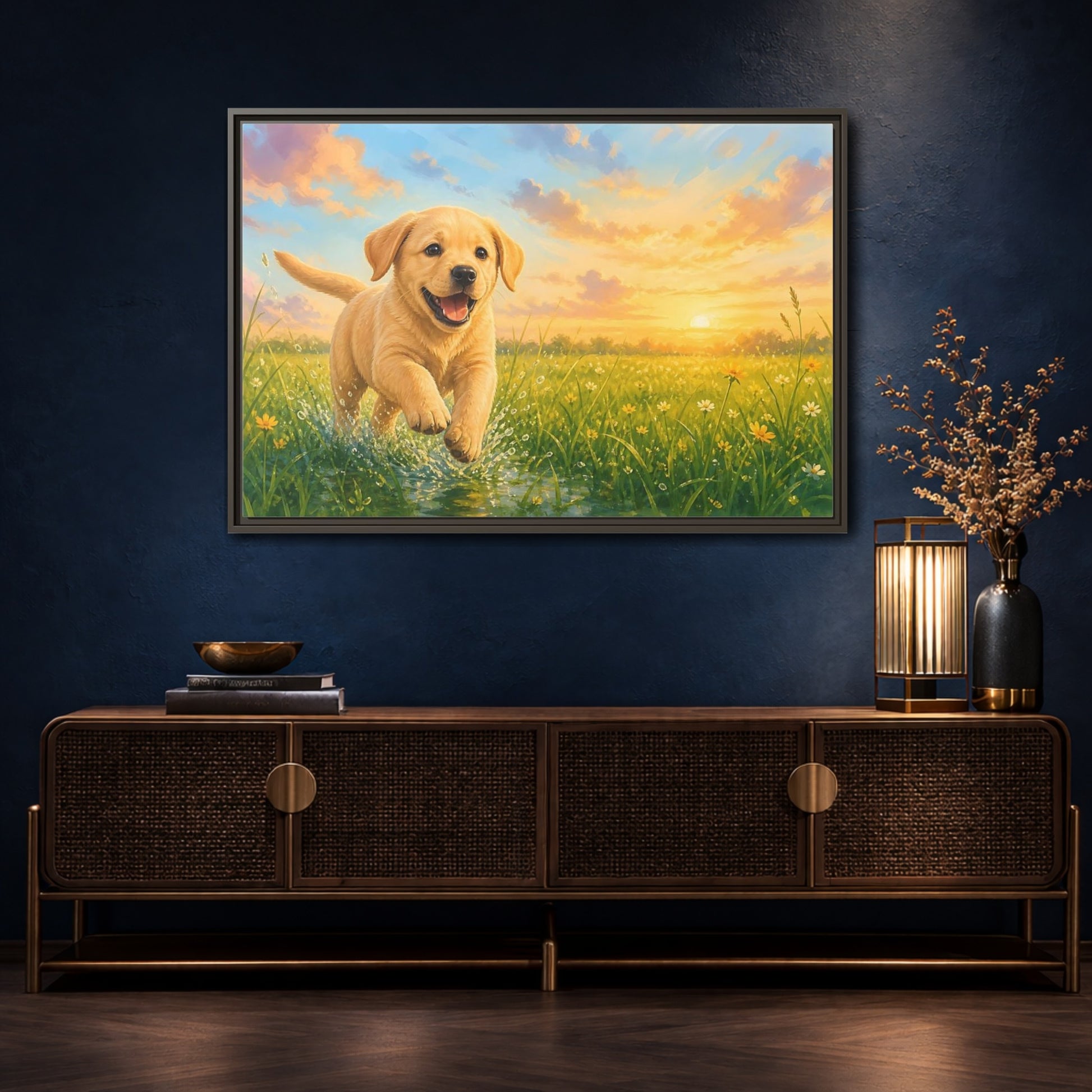 Mockup 4. Animals Puppy Golden Puppy shown as stretched canvas wall art