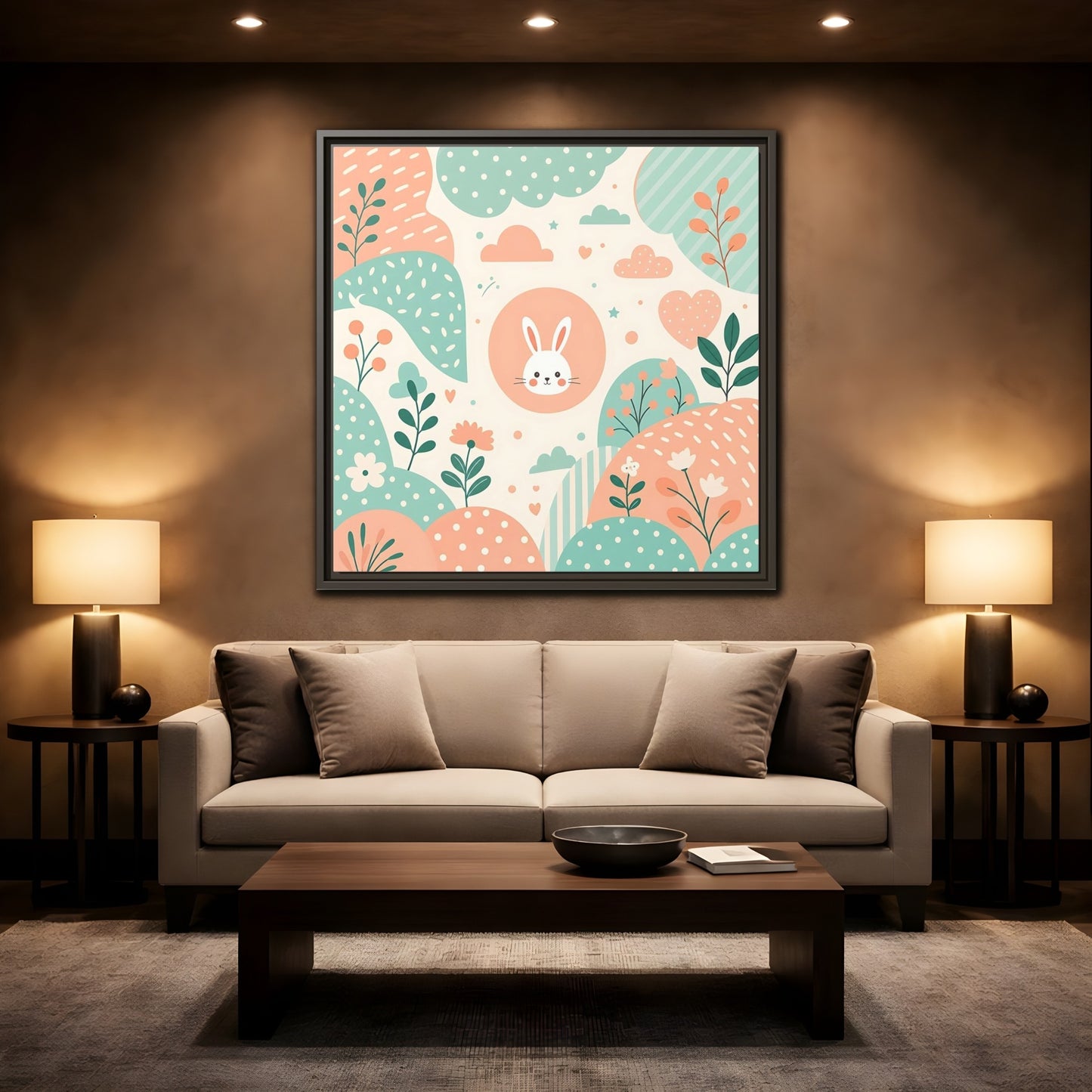 Mockup 2. Animals Rabbit Pastel Rabbit shown as framed canvas print