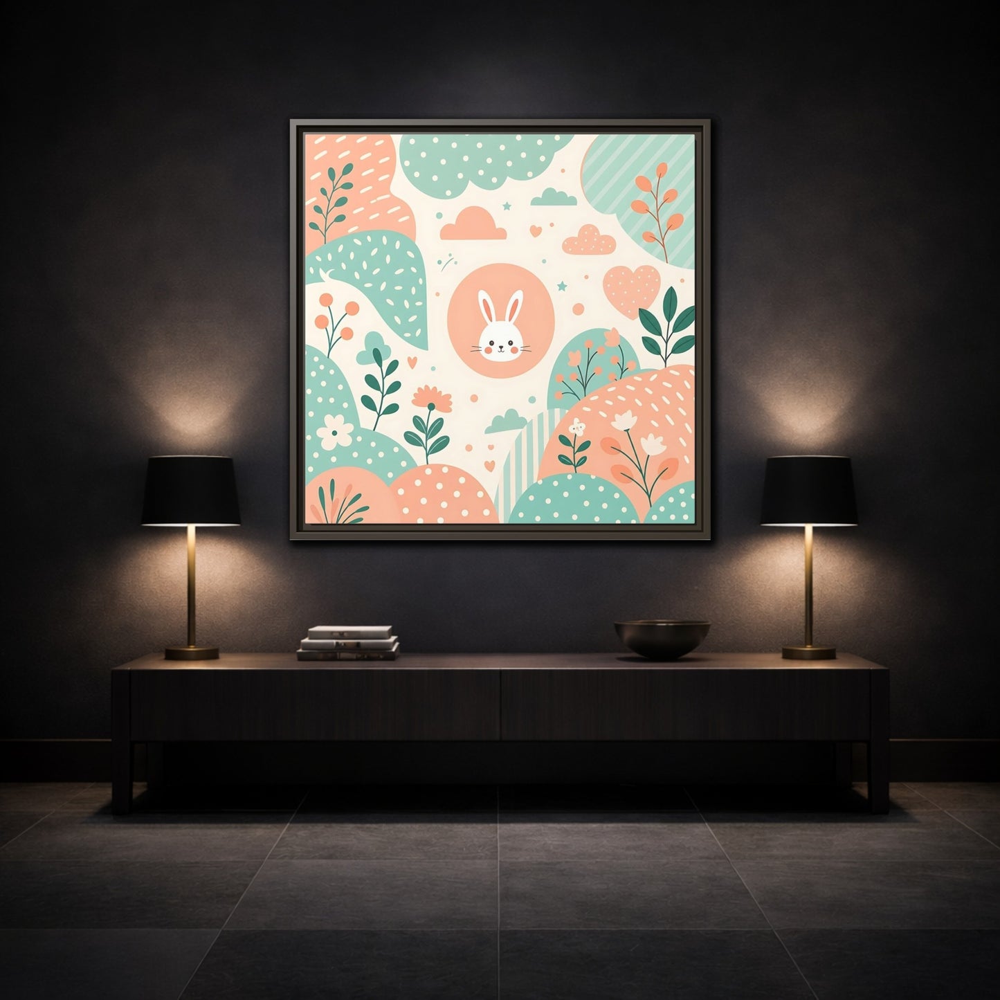 Mockup 3. Animals Rabbit Pastel Rabbit shown as framed canvas print