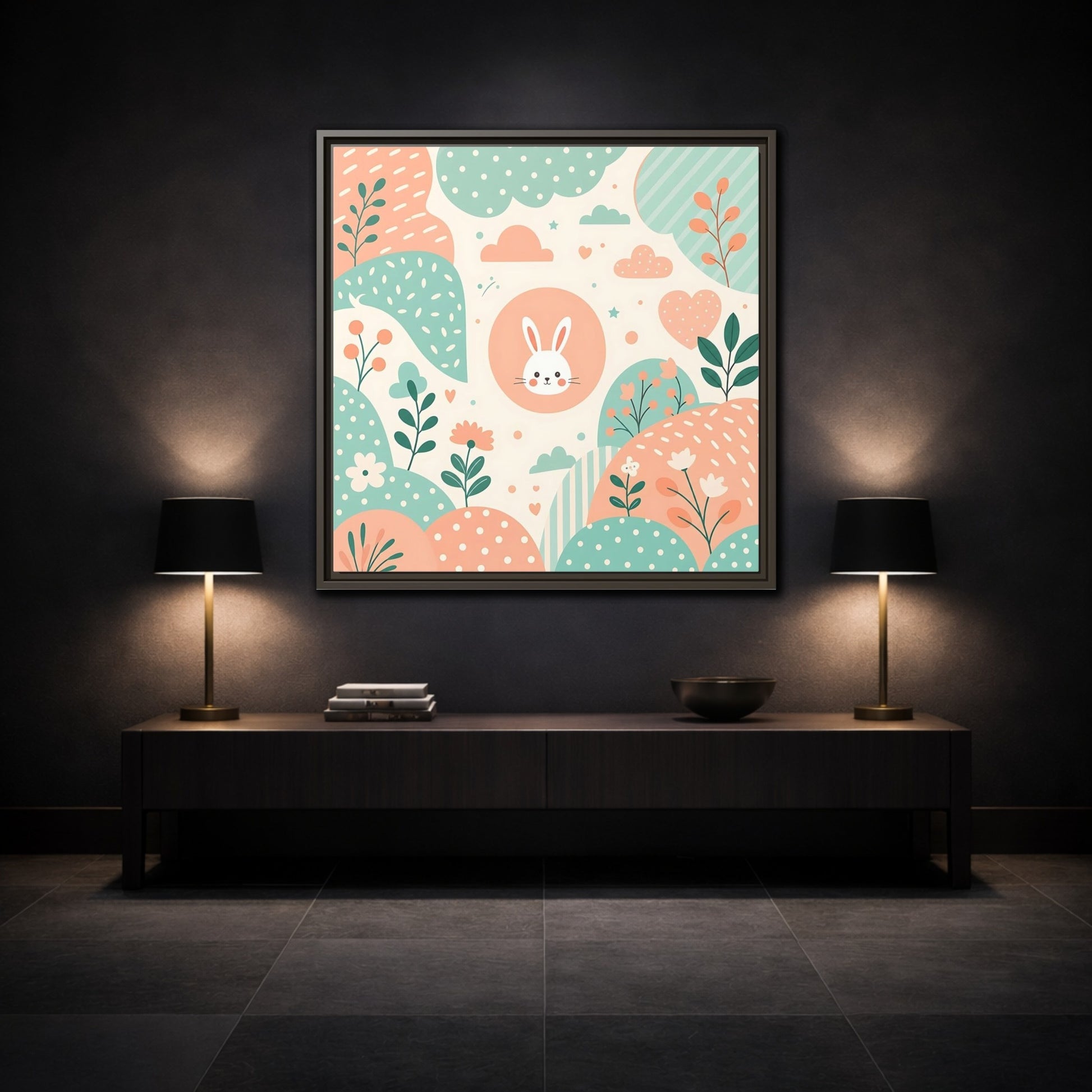 Mockup 3. Animals Rabbit Pastel Rabbit shown as framed canvas print