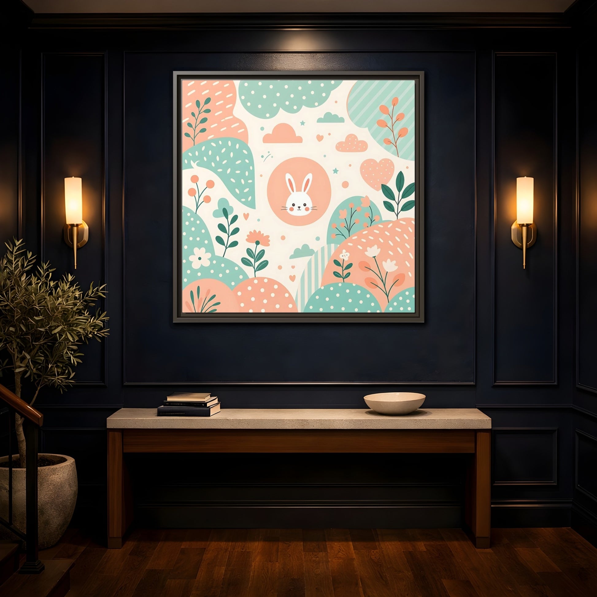 Mockup 4. Animals Rabbit Pastel Rabbit shown as framed canvas print