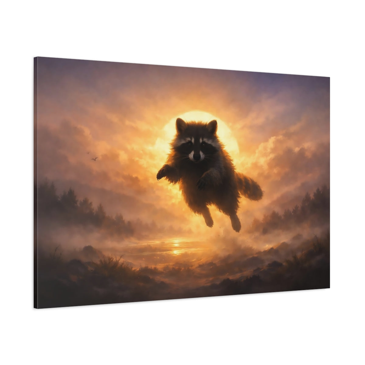 Animals Raccoon Orange Raccoon Sunset shown as stretched canvas wall art