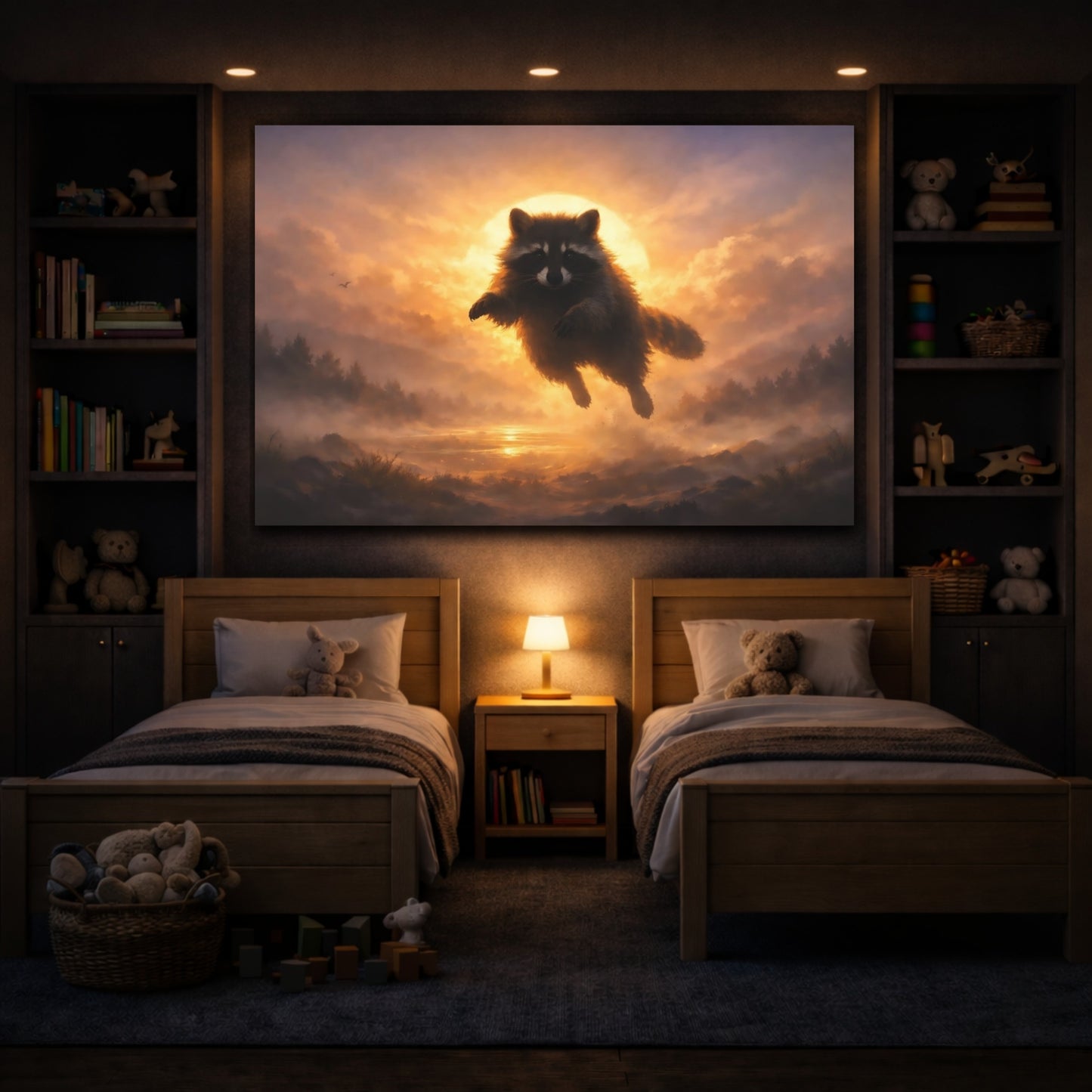 Animals Raccoon Orange Raccoon Sunset shown as front canvas room wall art