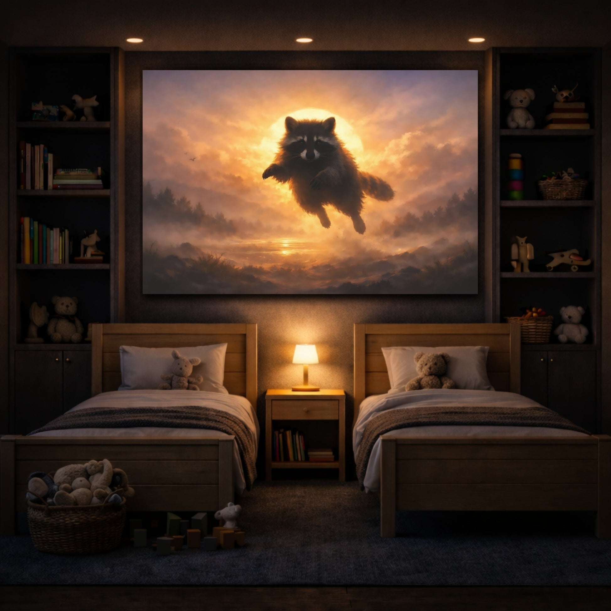 Animals Raccoon Orange Raccoon Sunset shown as front canvas room wall art
