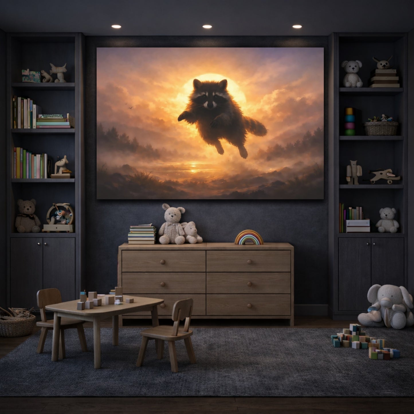 Animals Raccoon Orange Raccoon Sunset shown as front canvas room wall art
