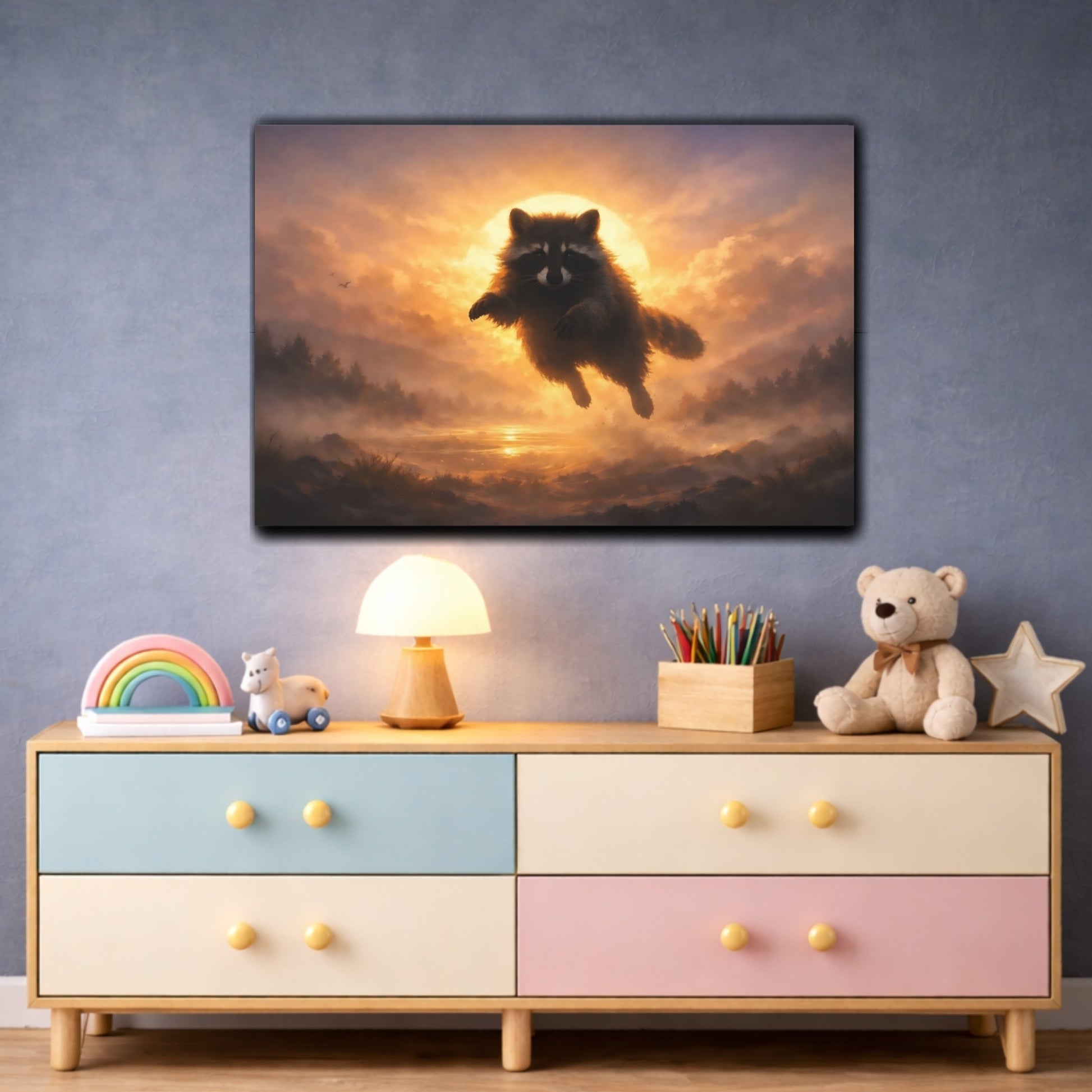 Animals Raccoon Orange Raccoon Sunset shown as front canvas room wall art