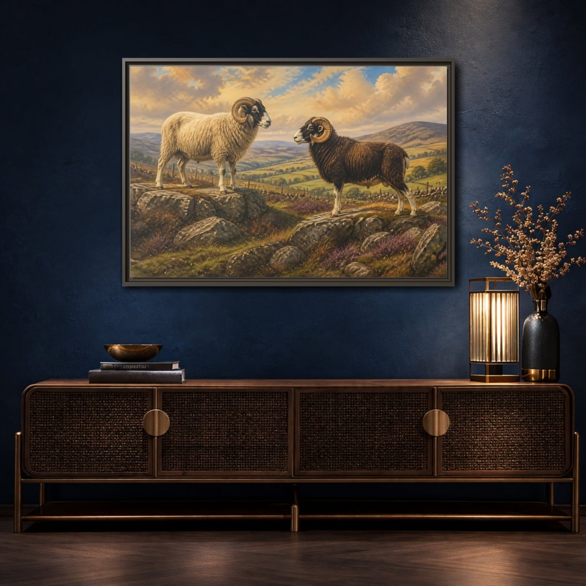 Animals Rams On Rocky Hill Framed Canvas Print Wall Art – Living Room Decor, Above Sofa - YesArtYes