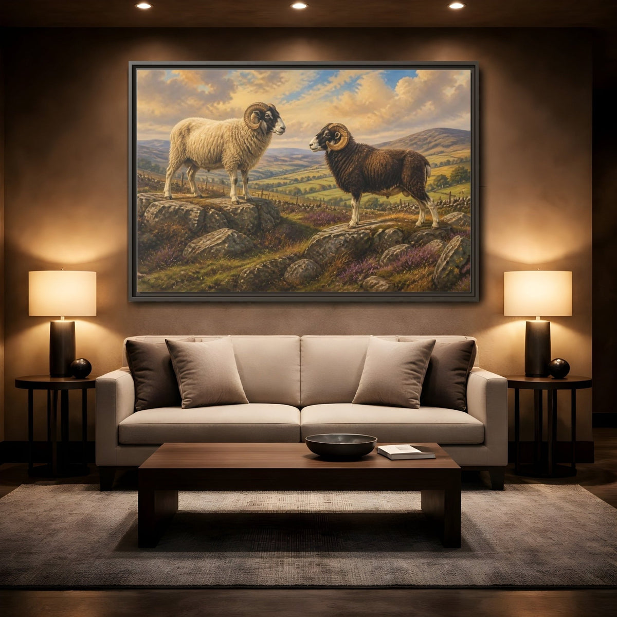 Animals Rams On Rocky Hill Framed Canvas Print Wall Art – Living Room Decor, Above Sofa - YesArtYes