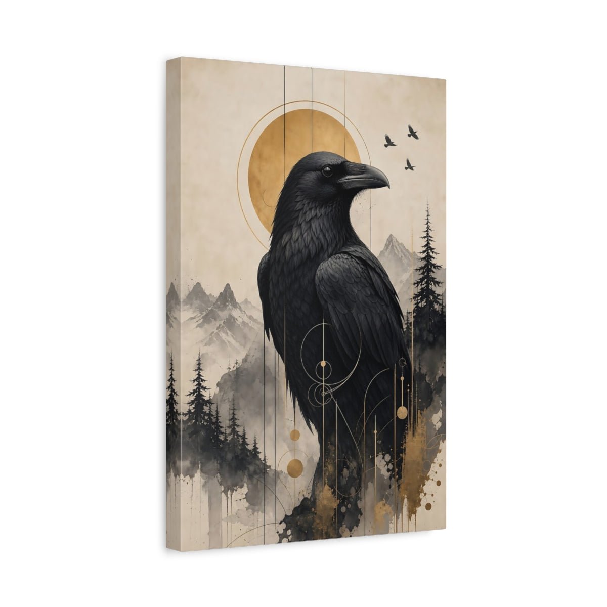 Animals Raven Black And Gold Canvas Wall Art Print – Abstract Living Room, Above Fireplace - YesArtYes
