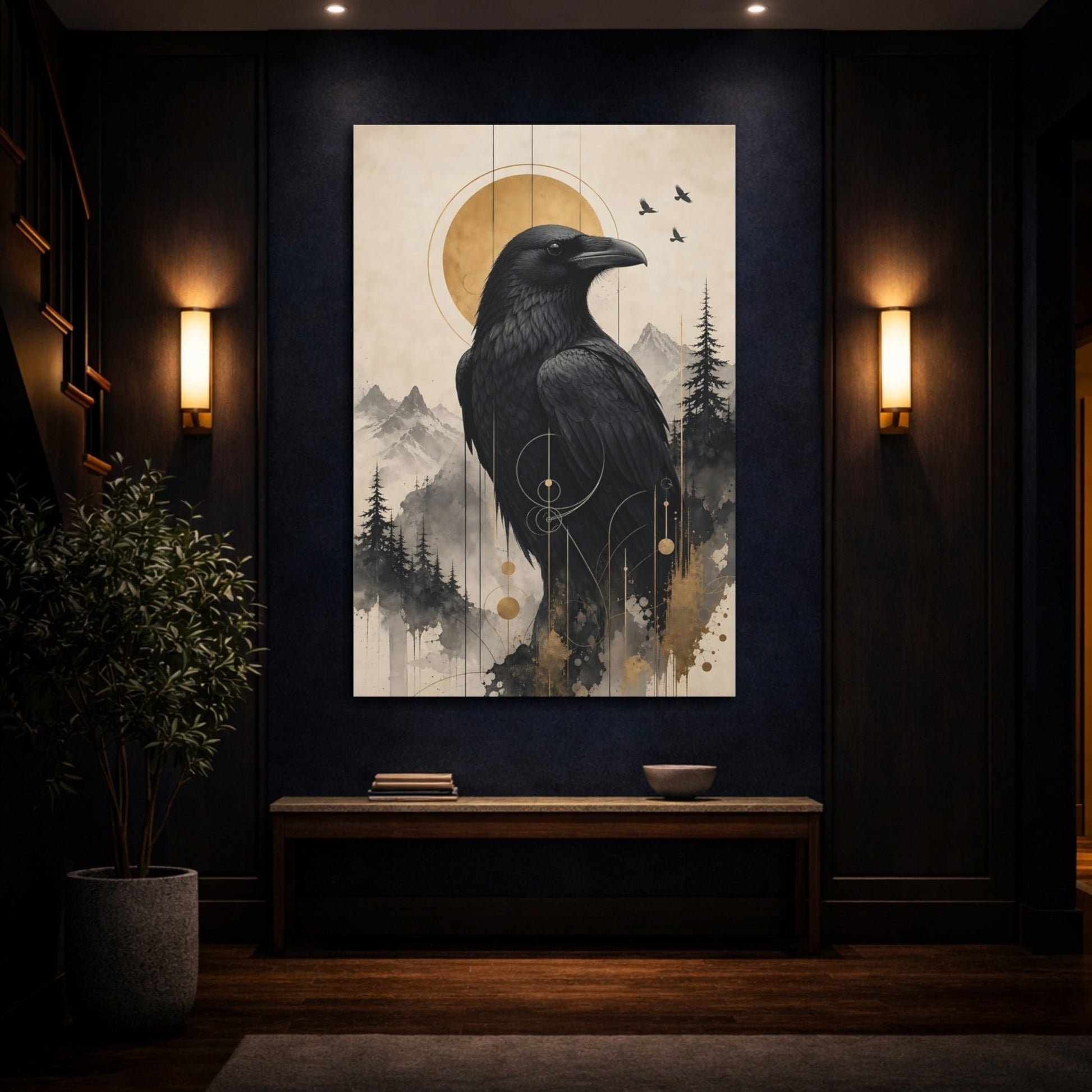 Animals Raven Black And Gold Canvas Wall Art Print – Abstract Living Room, Above Fireplace - YesArtYes