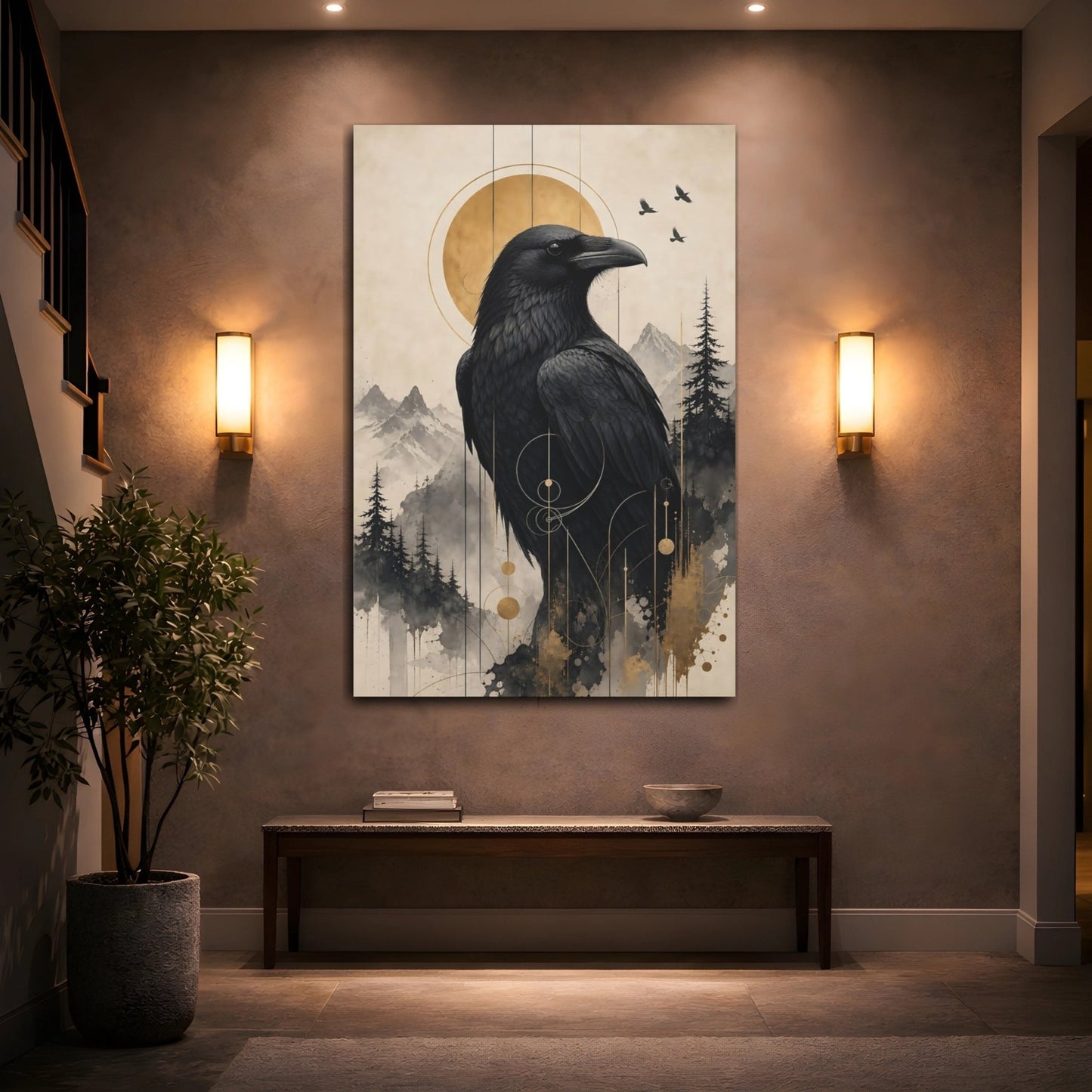 Animals Raven Black And Gold Canvas Wall Art Print – Abstract Living Room, Above Fireplace - YesArtYes