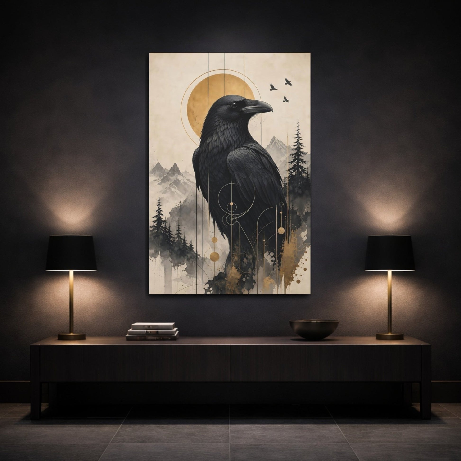 Animals Raven Black And Gold Canvas Wall Art Print – Abstract Living Room, Above Fireplace - YesArtYes