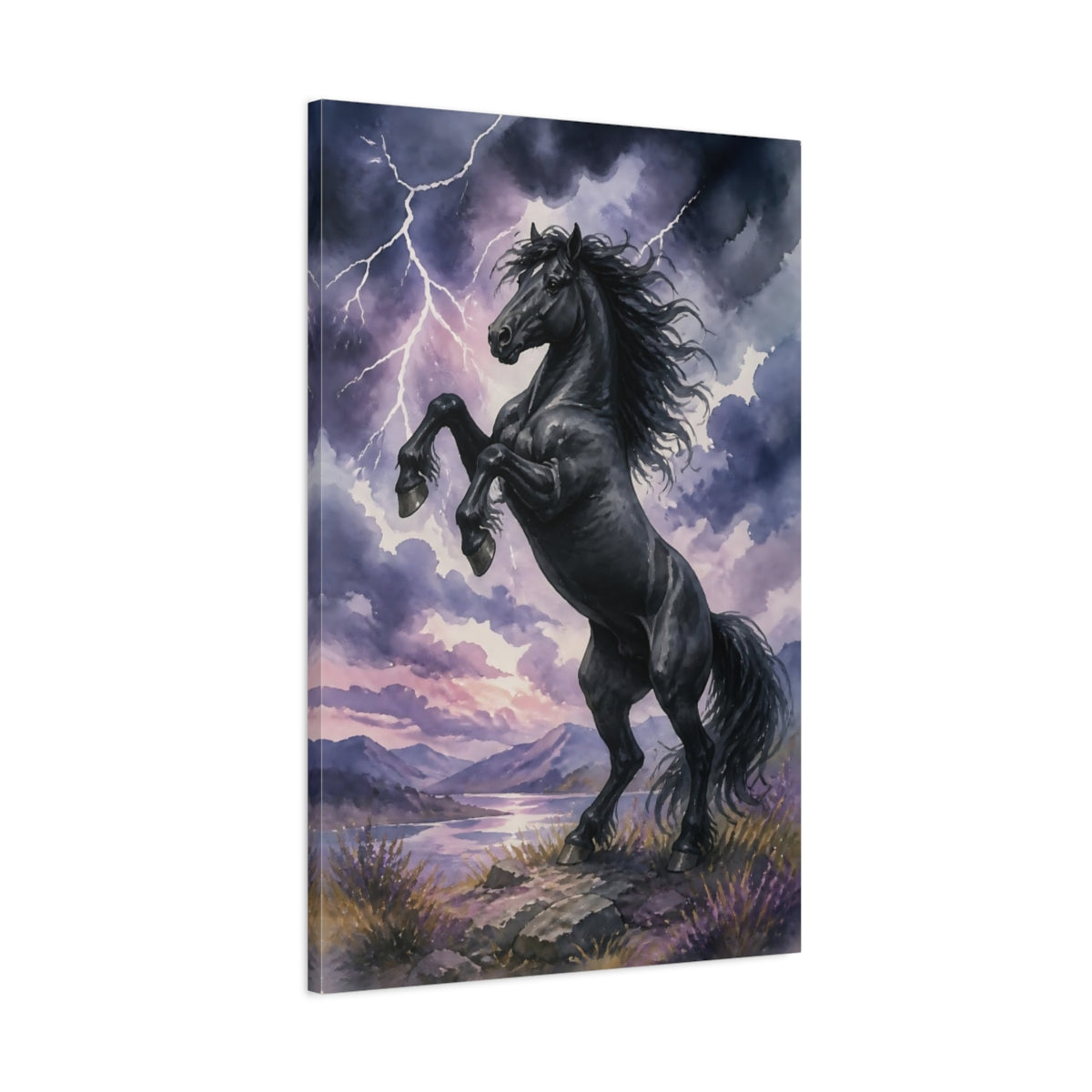 Main Mockup. Animals Rearing Black Stallion shown as canvas print