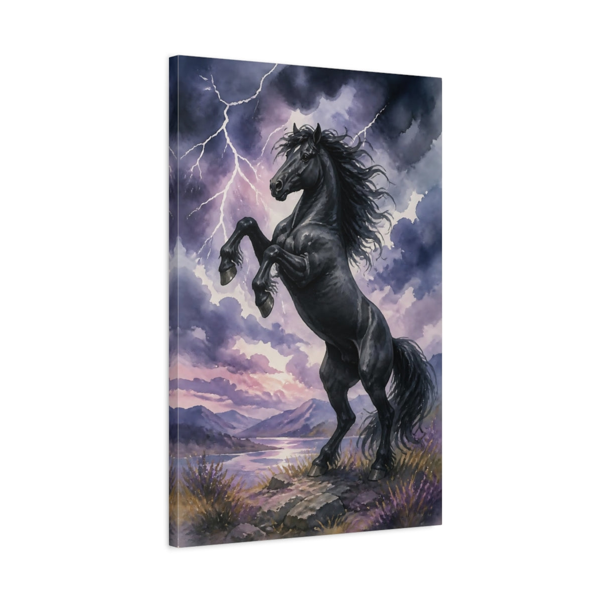 Side Mockup 2. Animals Rearing Black Stallion shown as canvas print