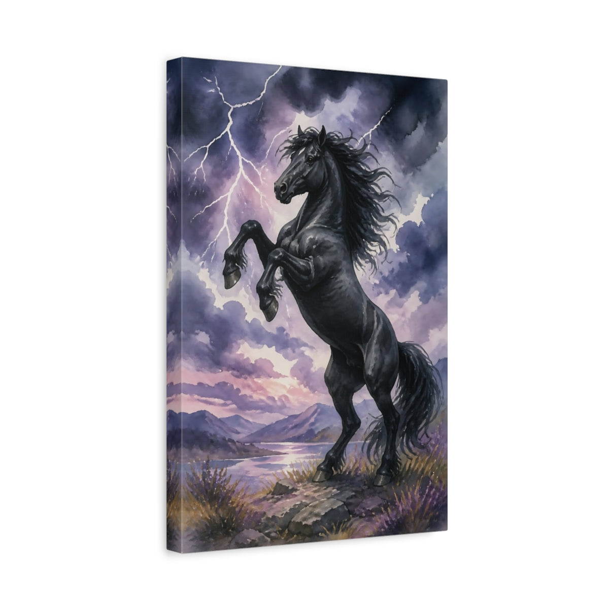 Side Mockup 4. Animals Rearing Black Stallion shown as canvas print