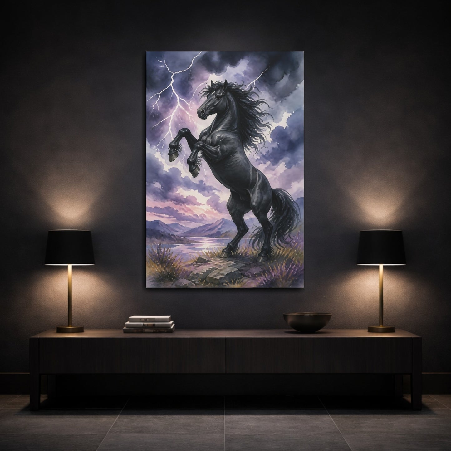 Mockup 3. Animals Rearing Black Stallion shown as canvas print