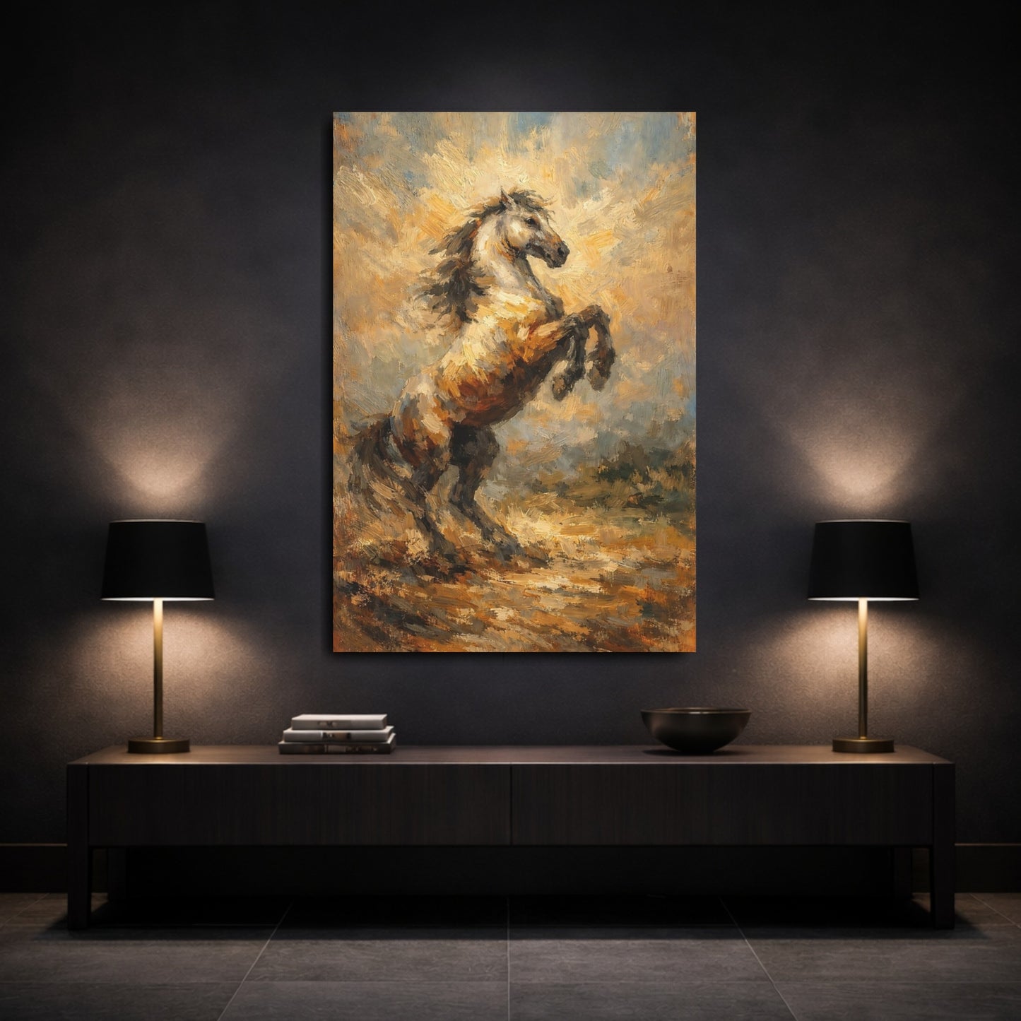 Mockup 2. Animals Rearing Horse Brown Rearing Horse shown as stretched canvas wall art