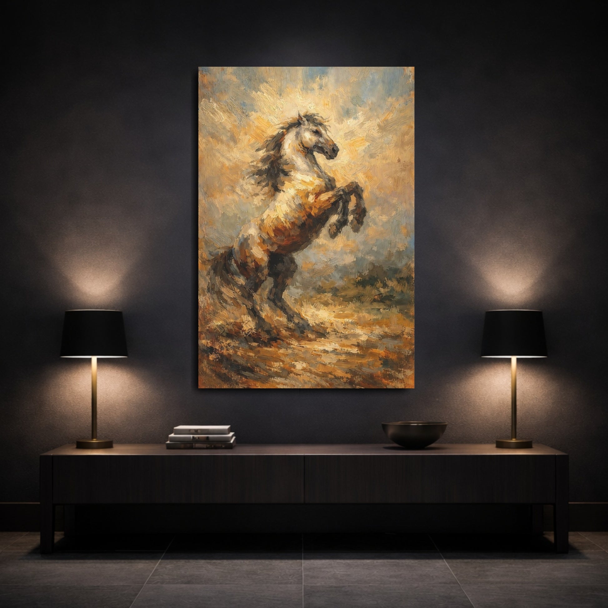 Mockup 2. Animals Rearing Horse Brown Rearing Horse shown as stretched canvas wall art