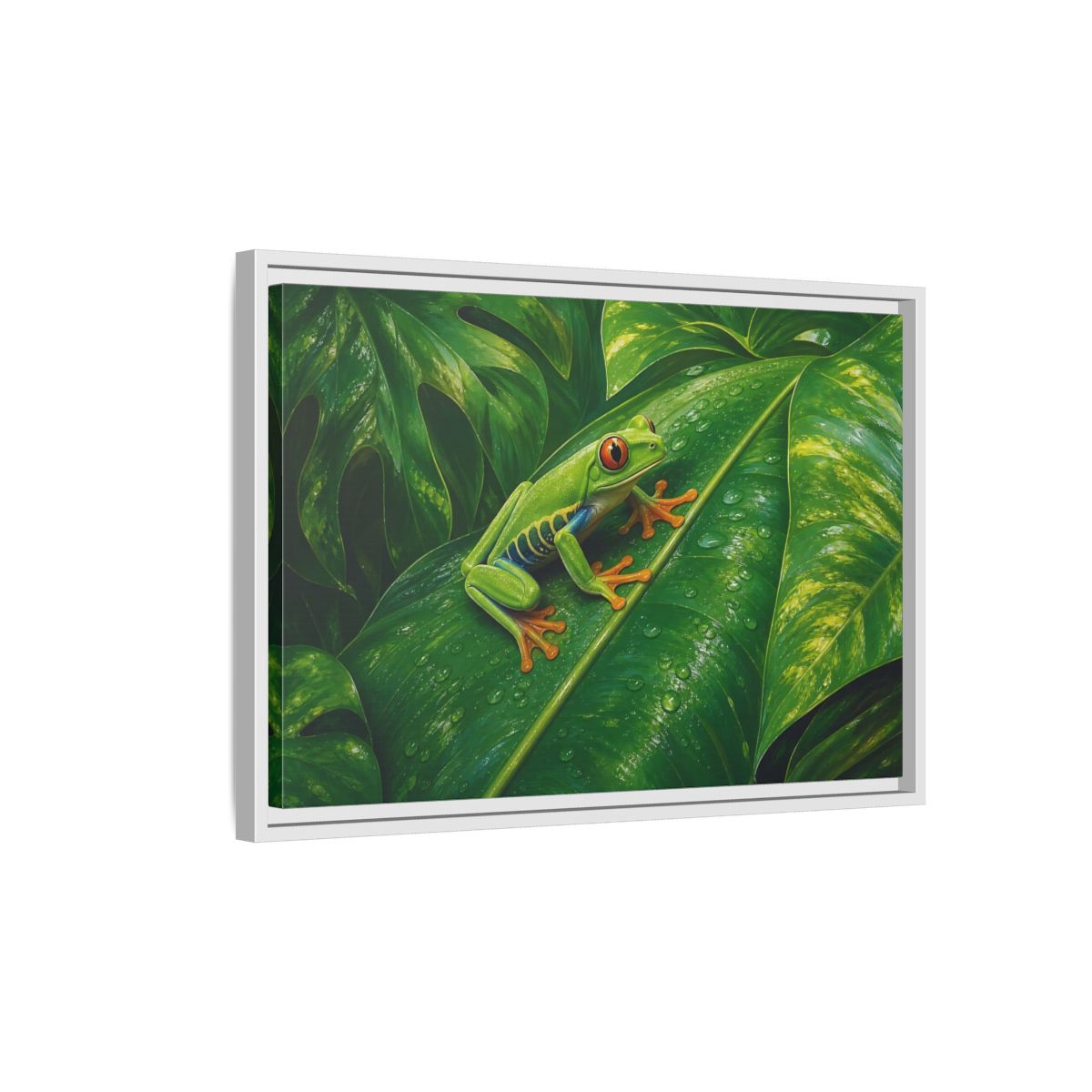 Side Mockup 1. Animals Red-Eyed Frog Green Red-Eyed Frog shown as stretched canvas wall art