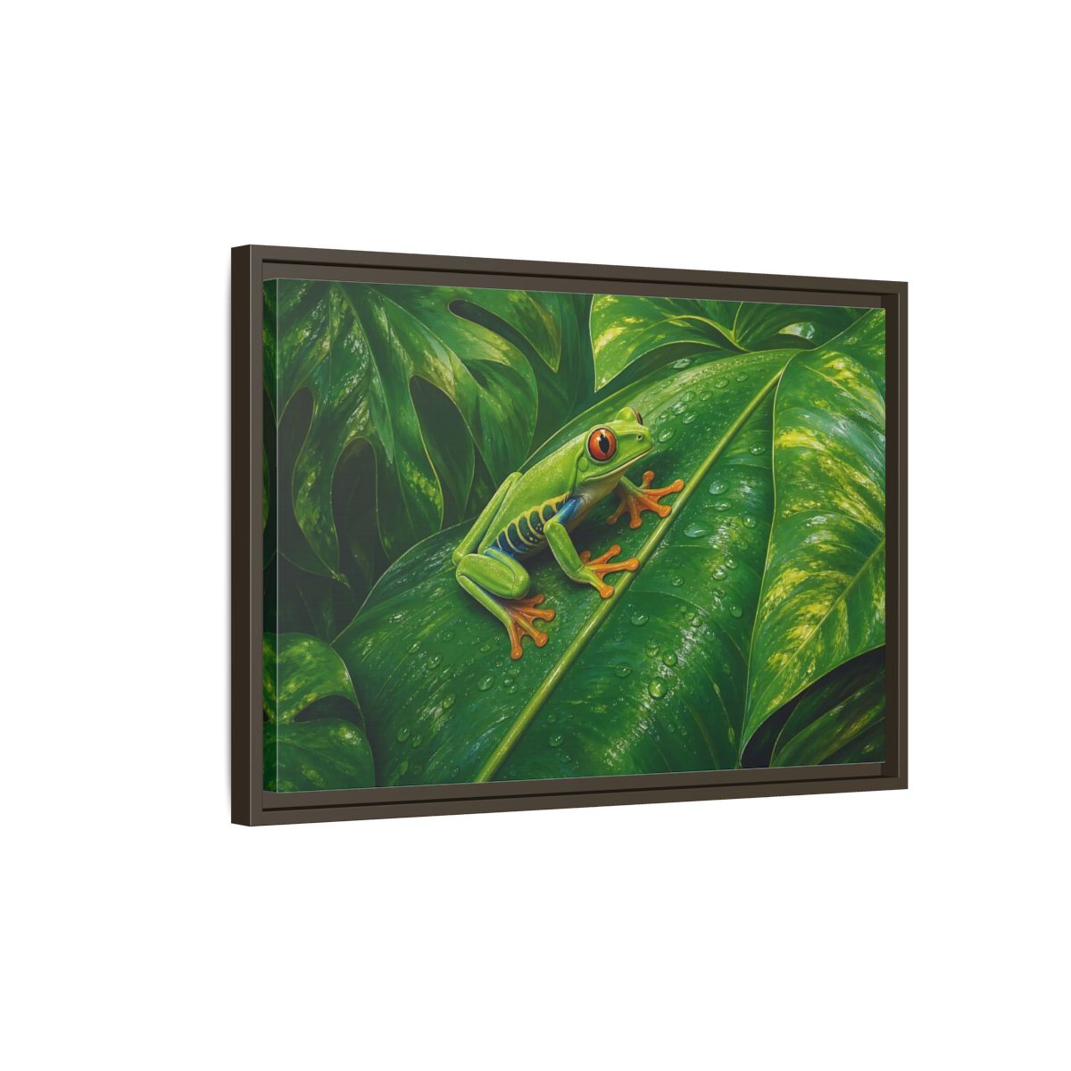 Side Mockup 2. Animals Red-Eyed Frog Green Red-Eyed Frog shown as stretched canvas wall art