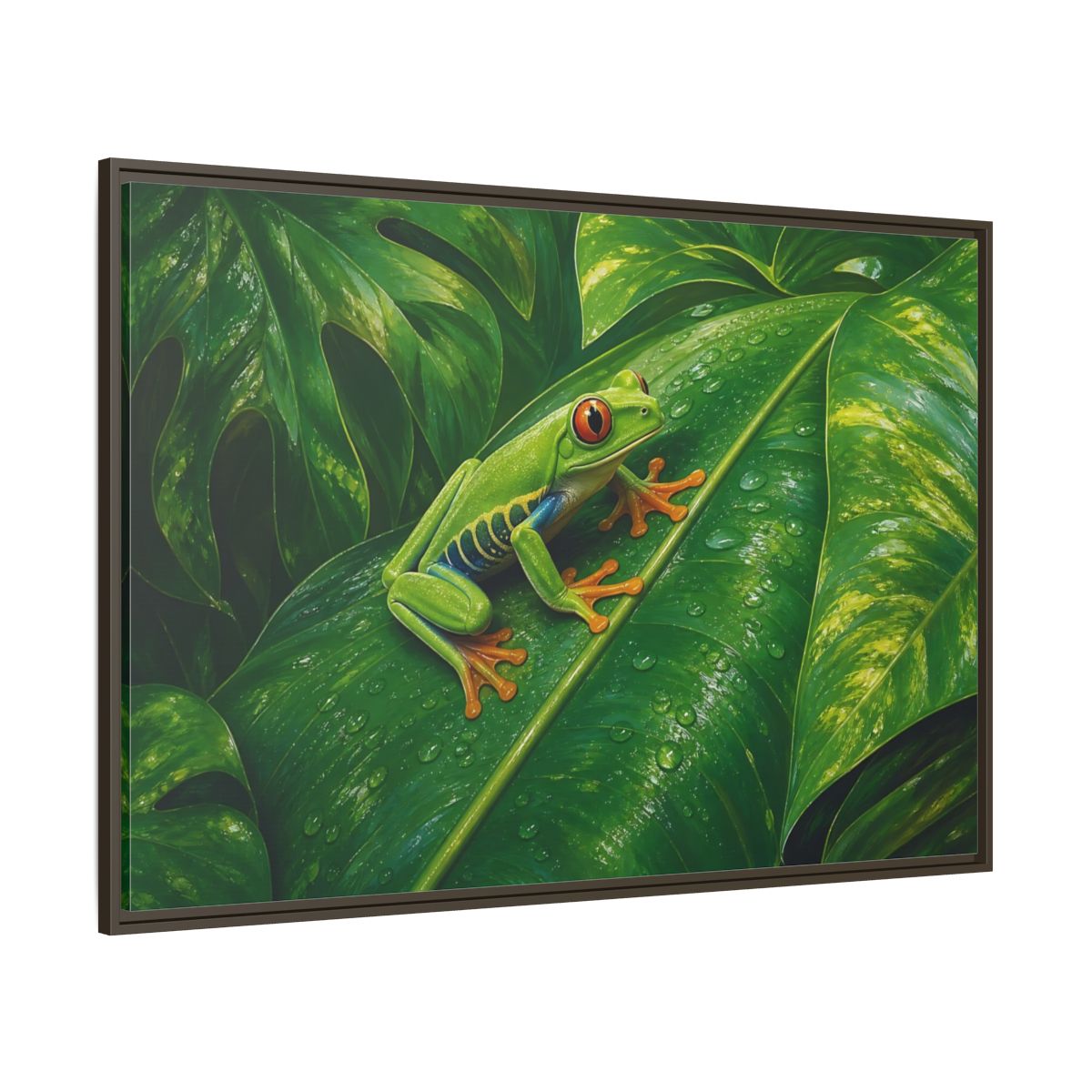 Side Mockup 8. Animals Red-Eyed Frog Green Red-Eyed Frog shown as stretched canvas wall art