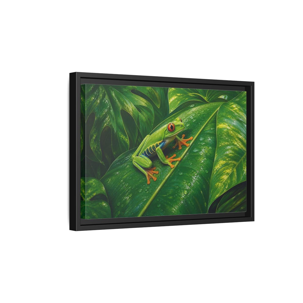 Side Mockup 6. Animals Red-Eyed Frog Green Red-Eyed Frog shown as stretched canvas wall art