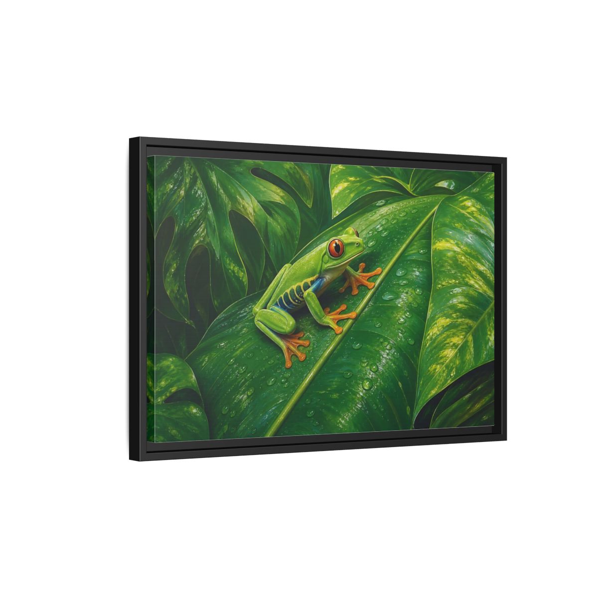 Side Mockup 3. Animals Red-Eyed Frog Green Red-Eyed Frog shown as stretched canvas wall art