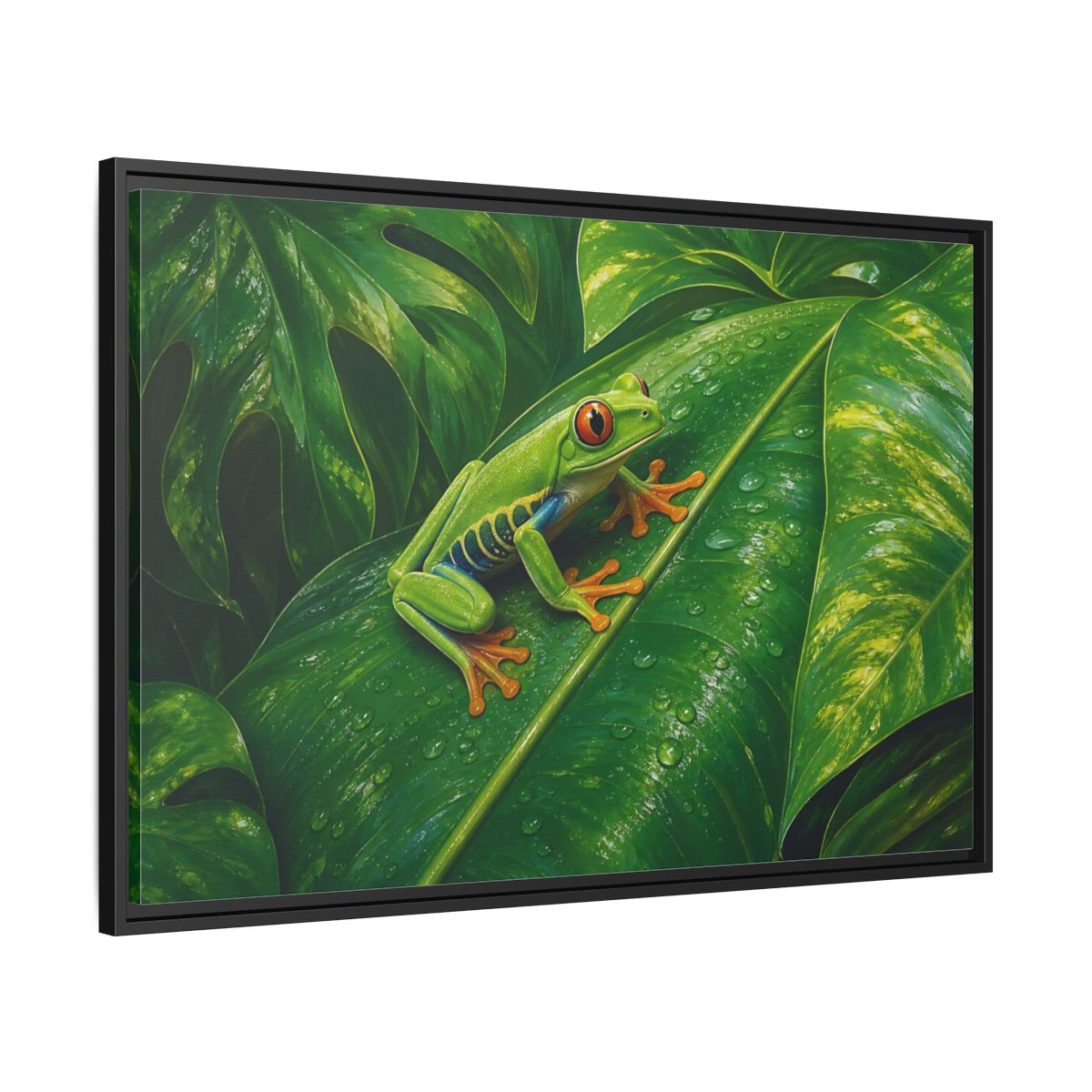 Side Mockup 13. Animals Red-Eyed Frog Green Red-Eyed Frog shown as stretched canvas wall art