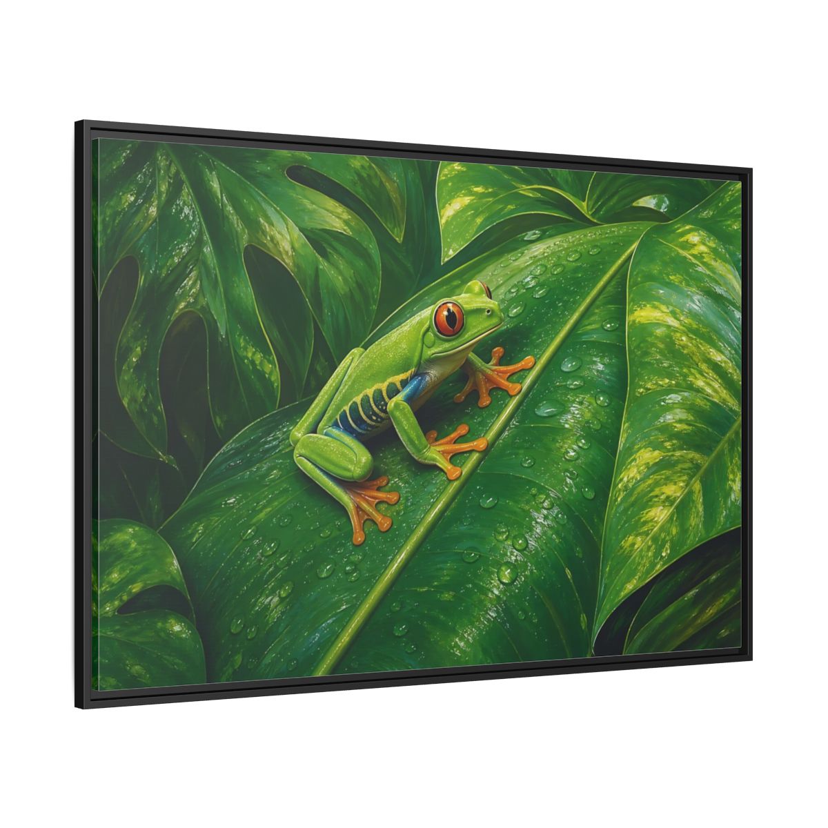 Side Mockup 12. Animals Red-Eyed Frog Green Red-Eyed Frog shown as stretched canvas wall art