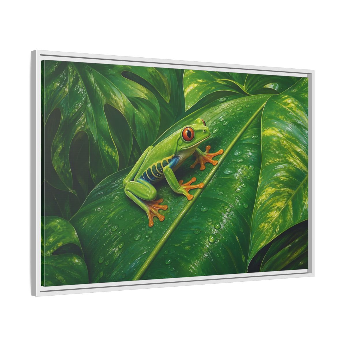 Side Mockup 9. Animals Red-Eyed Frog Green Red-Eyed Frog shown as stretched canvas wall art