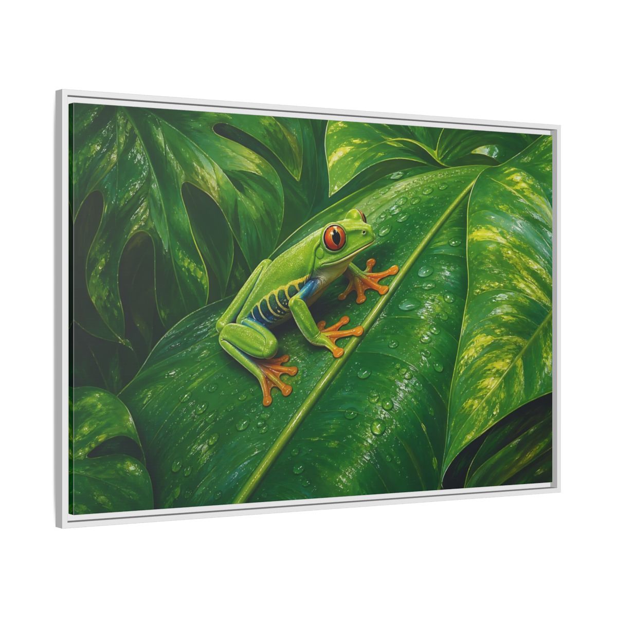 Side Mockup 7. Animals Red-Eyed Frog Green Red-Eyed Frog shown as stretched canvas wall art