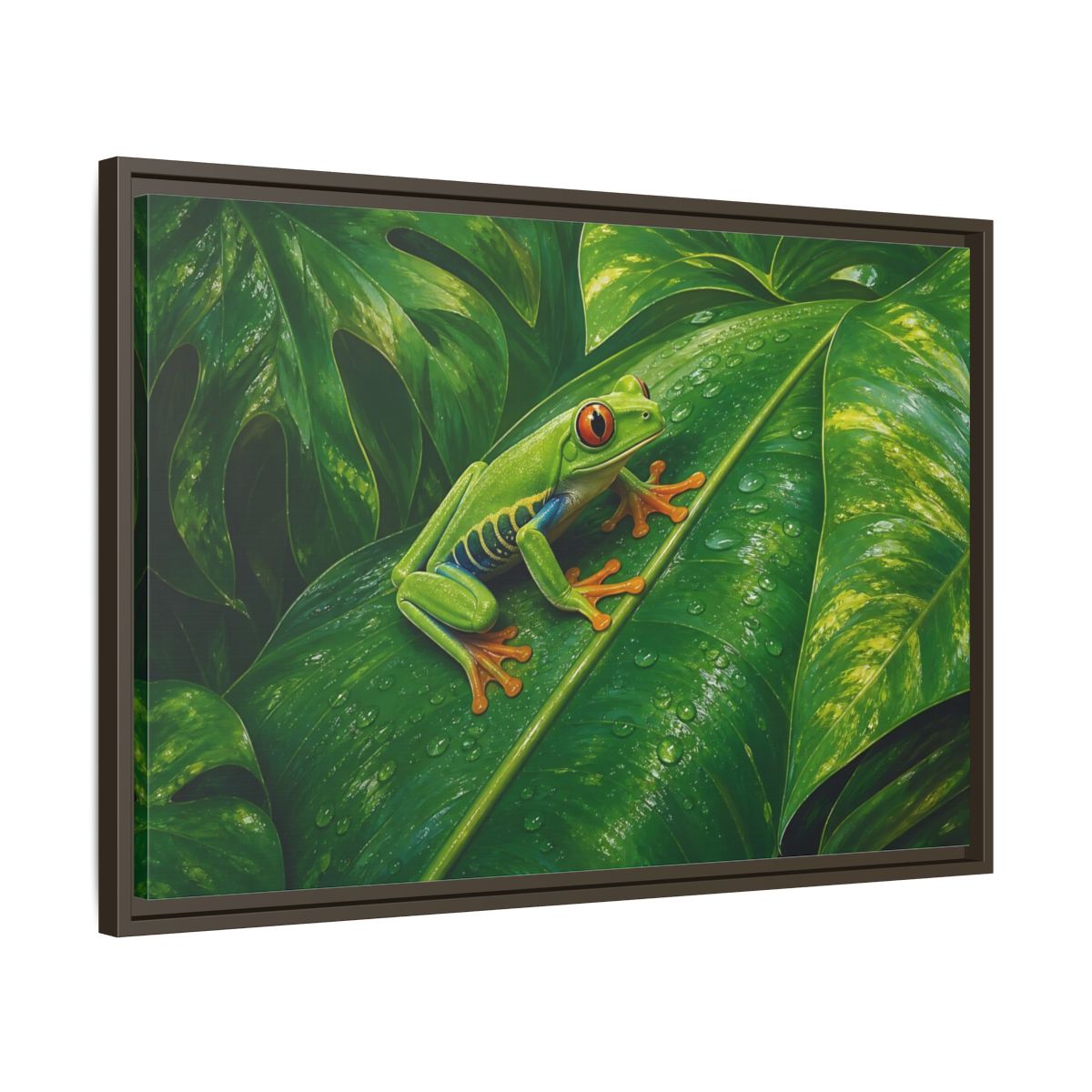 Side Mockup 11. Animals Red-Eyed Frog Green Red-Eyed Frog shown as stretched canvas wall art