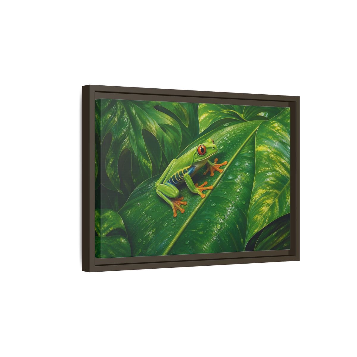 Side Mockup 5. Animals Red-Eyed Frog Green Red-Eyed Frog shown as stretched canvas wall art
