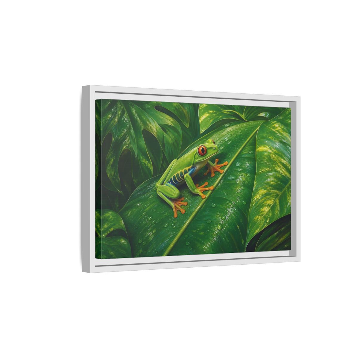 Side Mockup 4. Animals Red-Eyed Frog Green Red-Eyed Frog shown as stretched canvas wall art