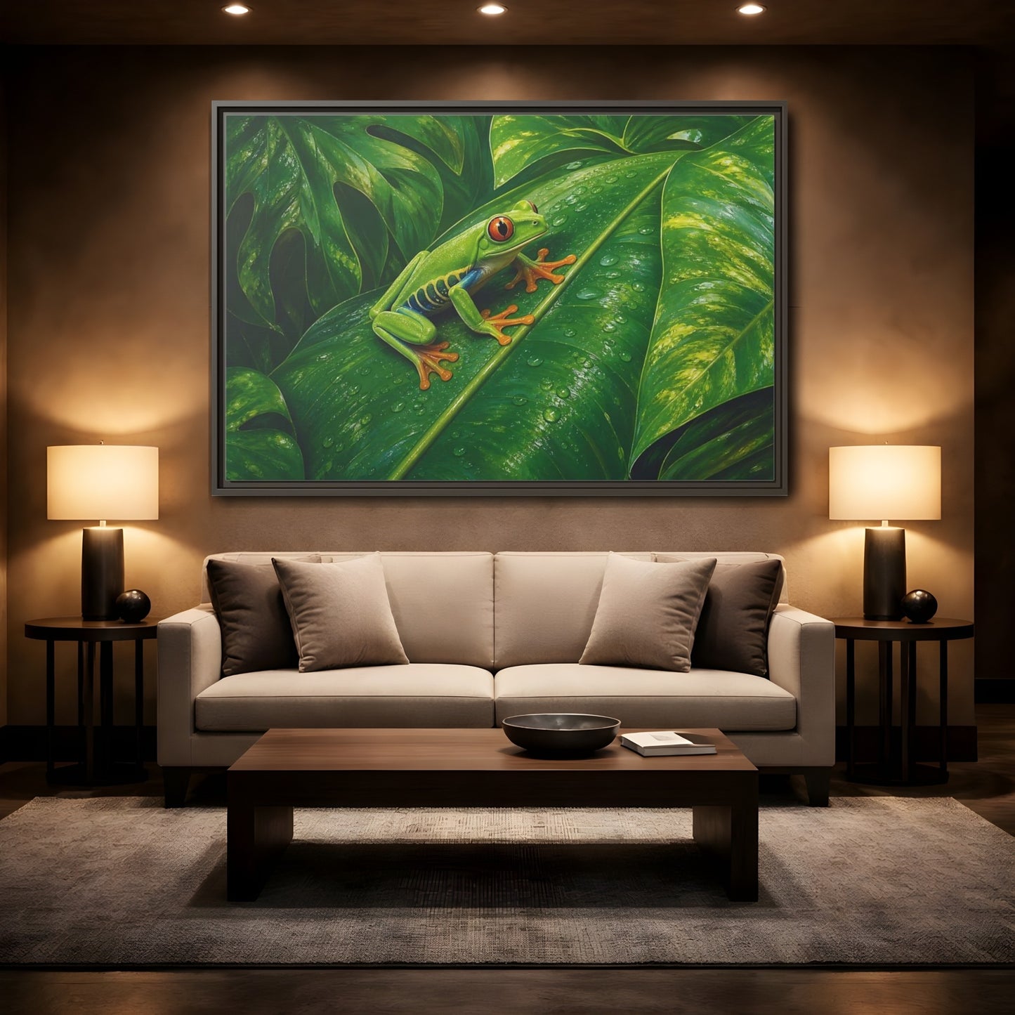 Mockup 2. Animals Red-Eyed Frog Green Red-Eyed Frog shown as stretched canvas wall art
