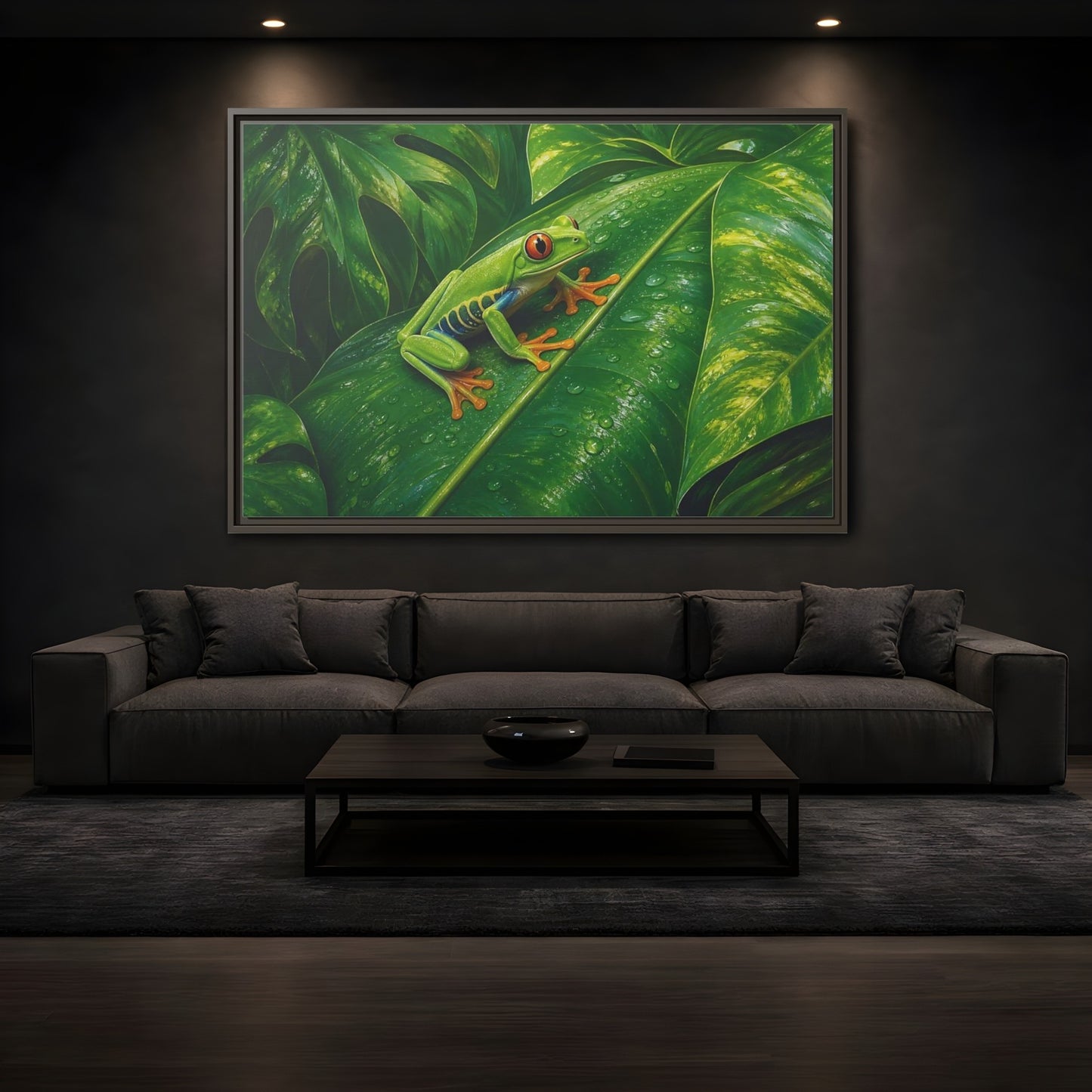Mockup 3. Animals Red-Eyed Frog Green Red-Eyed Frog shown as stretched canvas wall art