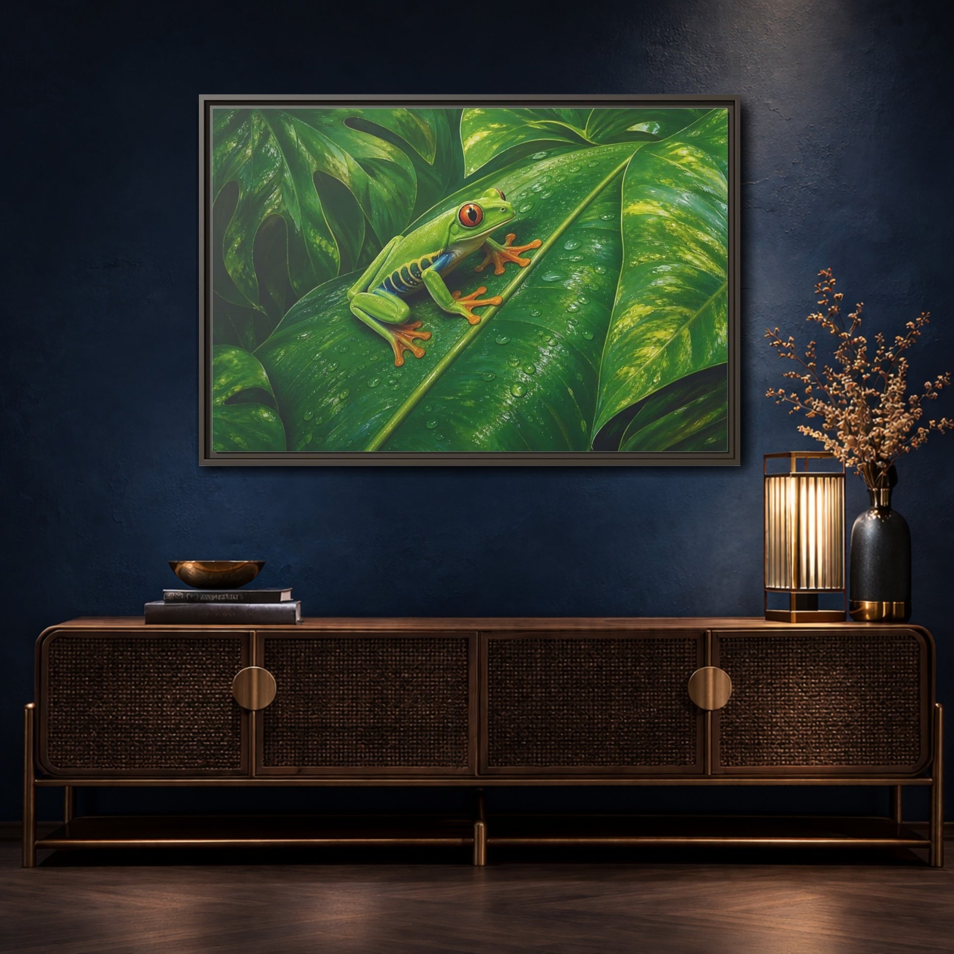 Mockup 4. Animals Red-Eyed Frog Green Red-Eyed Frog shown as stretched canvas wall art