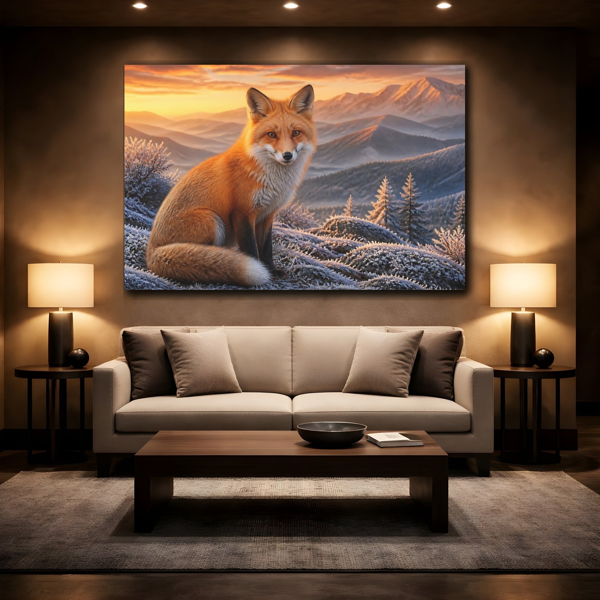 Mockup 2. Animals Red Fox At Sunrise shown as canvas print