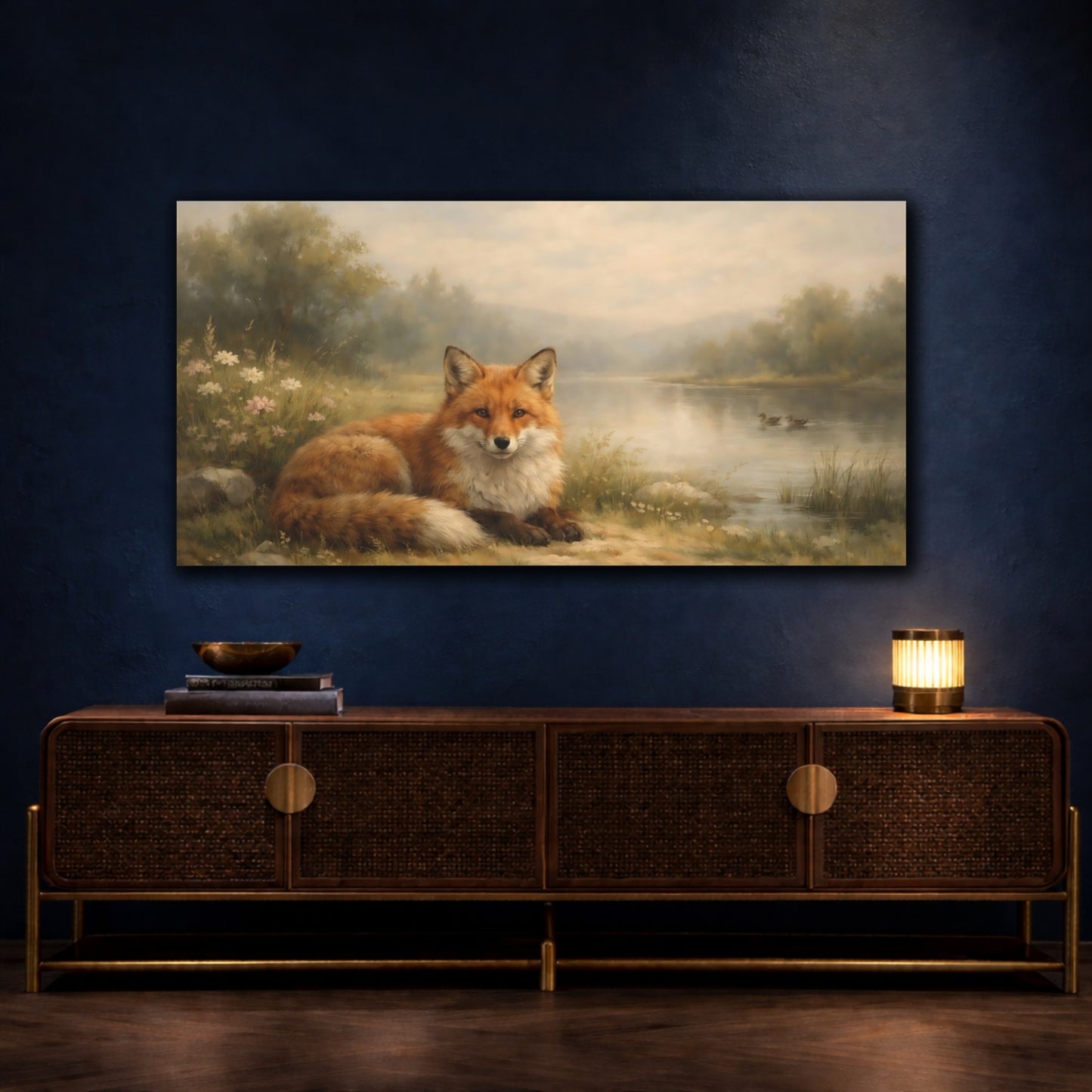 Mockup 4. Animals Red Fox Orange And Green Fox shown as stretched canvas wall art