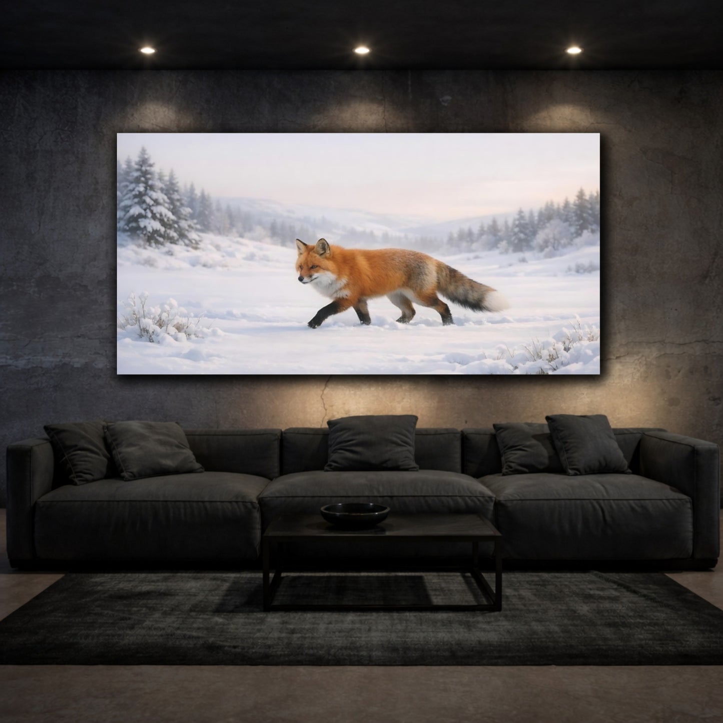 Mockup 2. Animals Red Fox Orange Fox Winter shown as stretched canvas wall art