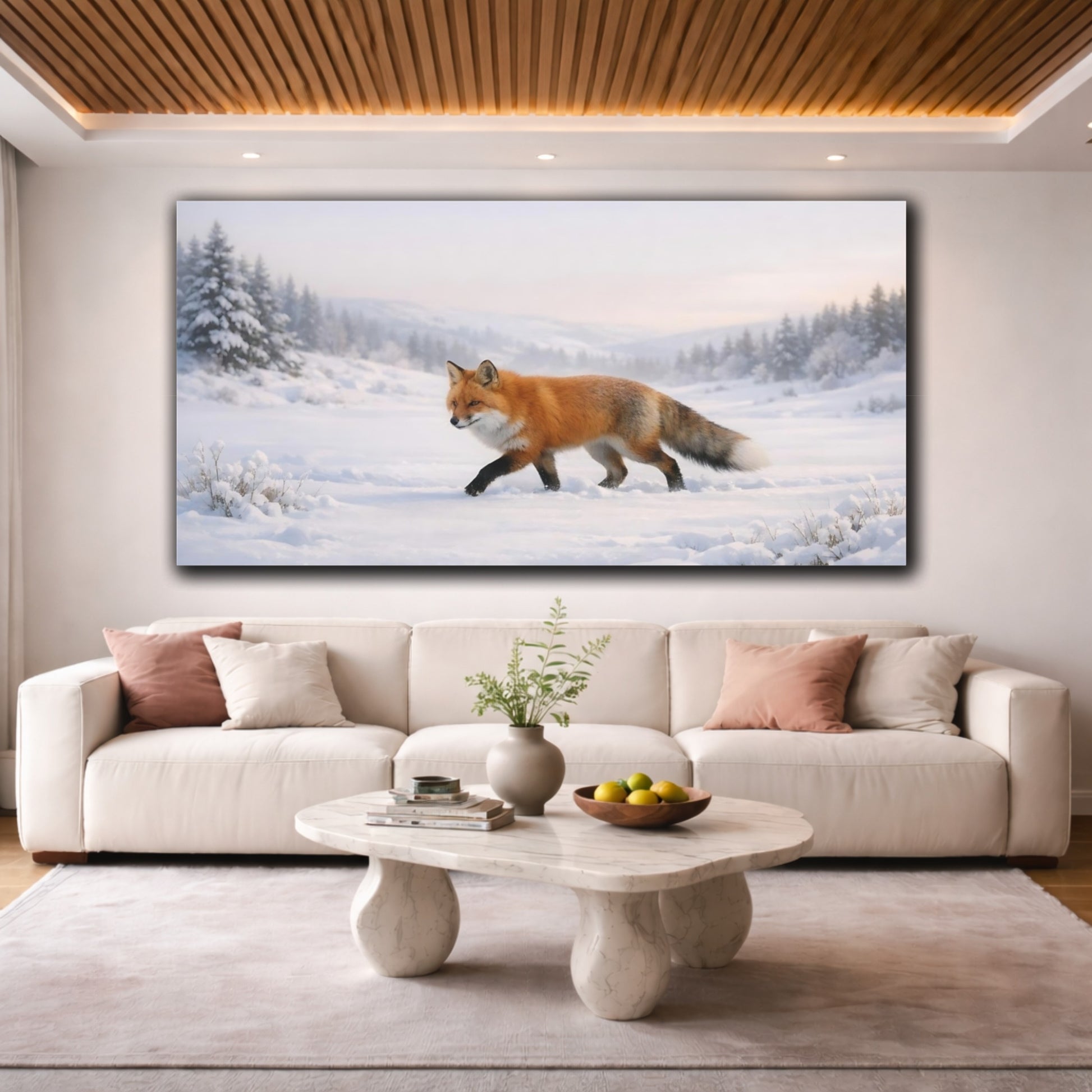 Mockup 3. Animals Red Fox Orange Fox Winter shown as stretched canvas wall art