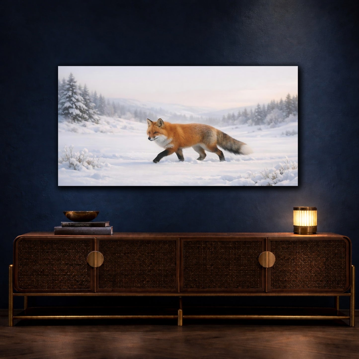 Mockup 4. Animals Red Fox Orange Fox Winter shown as stretched canvas wall art