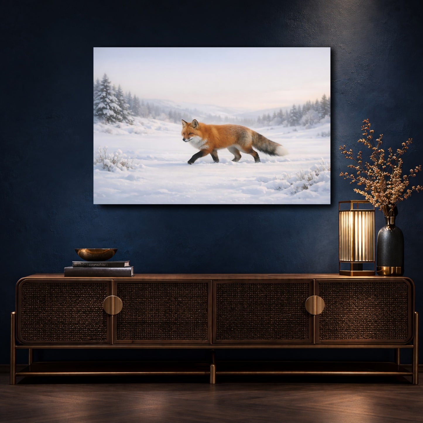 Mockup 4. Animals Red Fox Red Fox Winter shown as stretched canvas wall art
