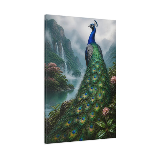 Main Mockup. Animals Regal Peacock By Waterfall shown as canvas print
