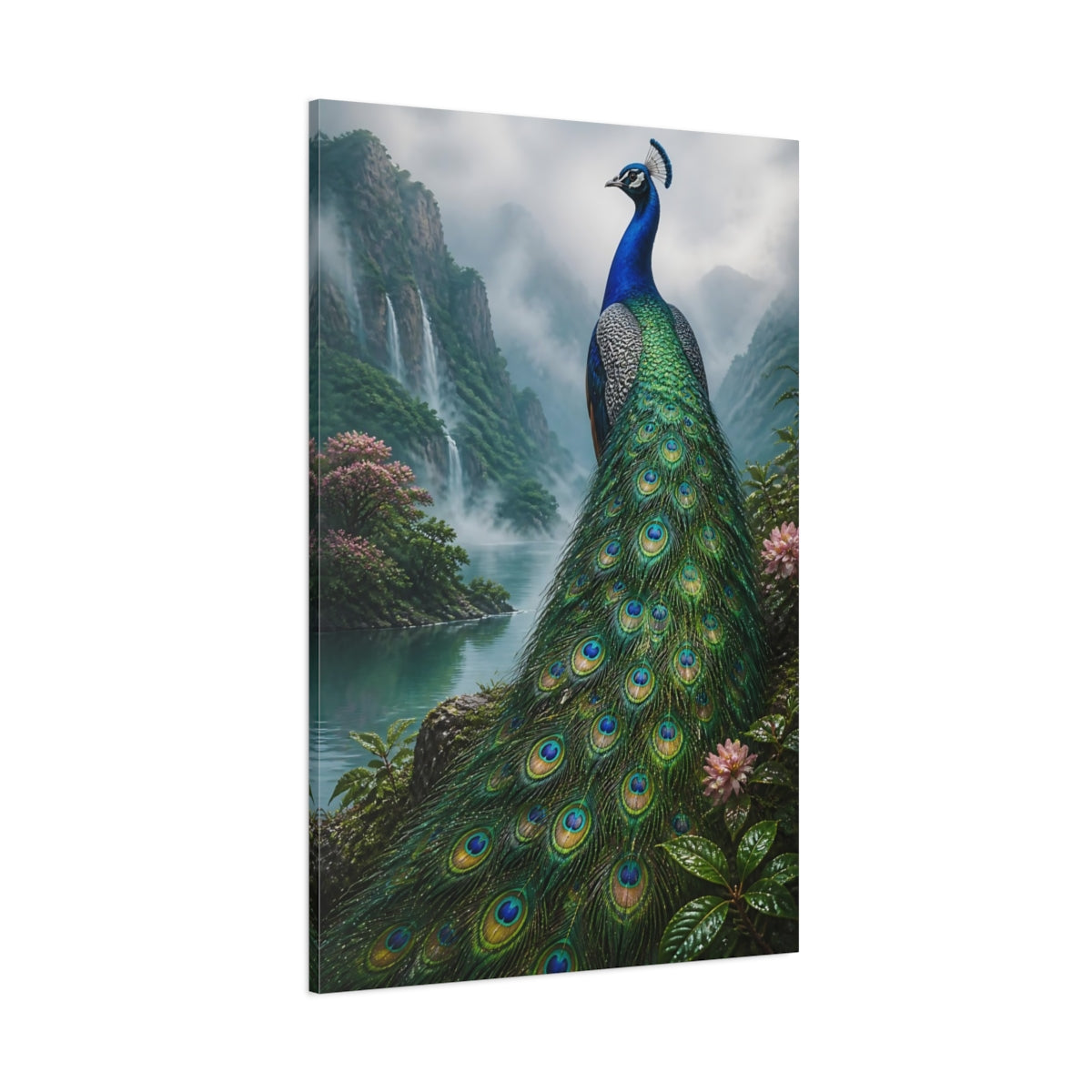 Side Mockup 1. Animals Regal Peacock By Waterfall shown as canvas print