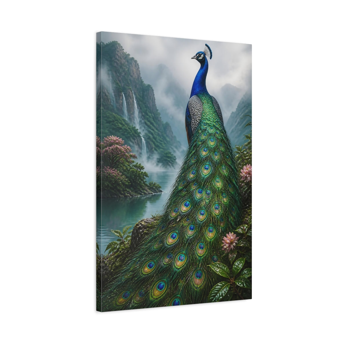 Side Mockup 2. Animals Regal Peacock By Waterfall shown as canvas print