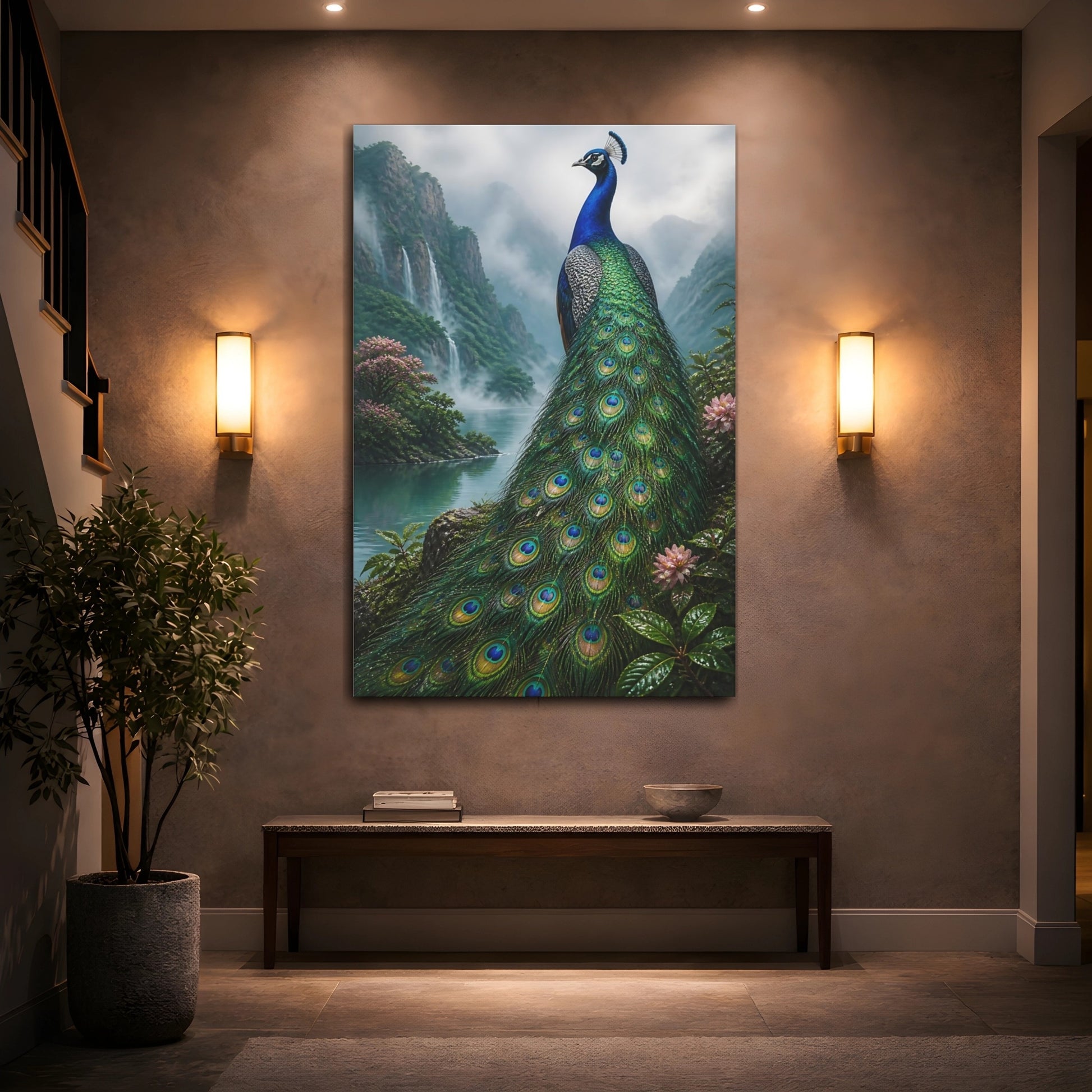 Mockup 2. Animals Regal Peacock By Waterfall shown as canvas print