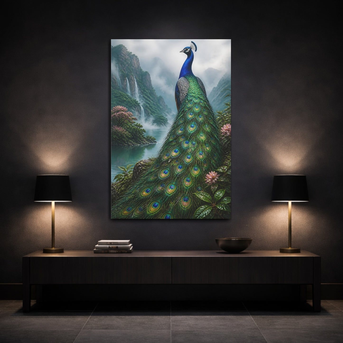 Mockup 3. Animals Regal Peacock By Waterfall shown as canvas print