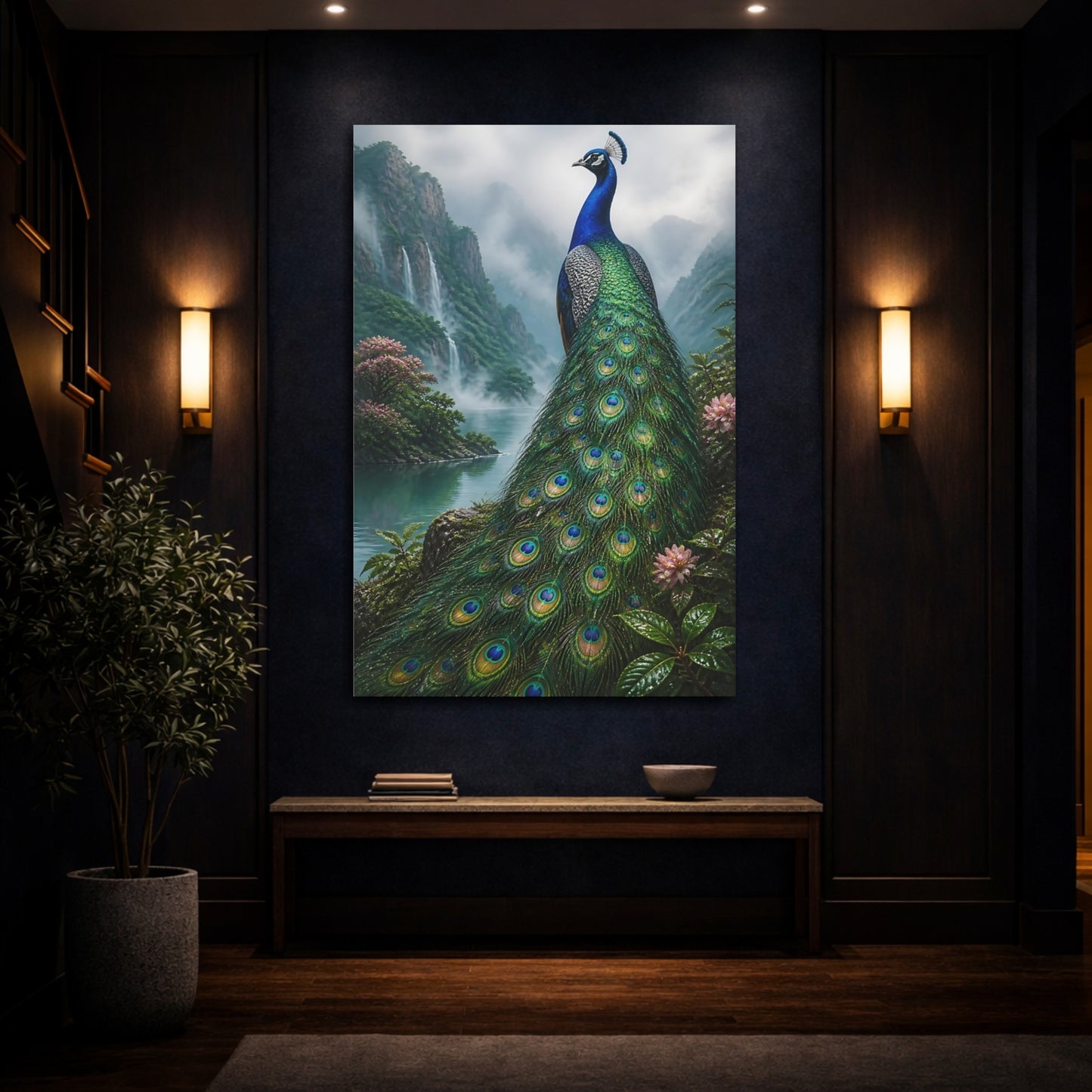 Mockup 4. Animals Regal Peacock By Waterfall shown as canvas print