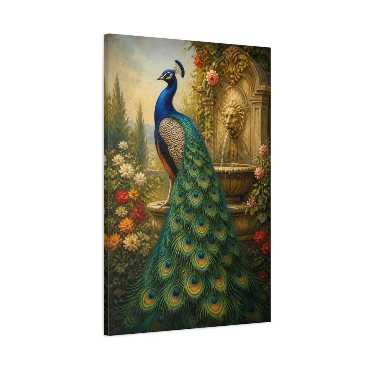 Main Mockup. Animals Regal Peacock Garden shown as canvas print